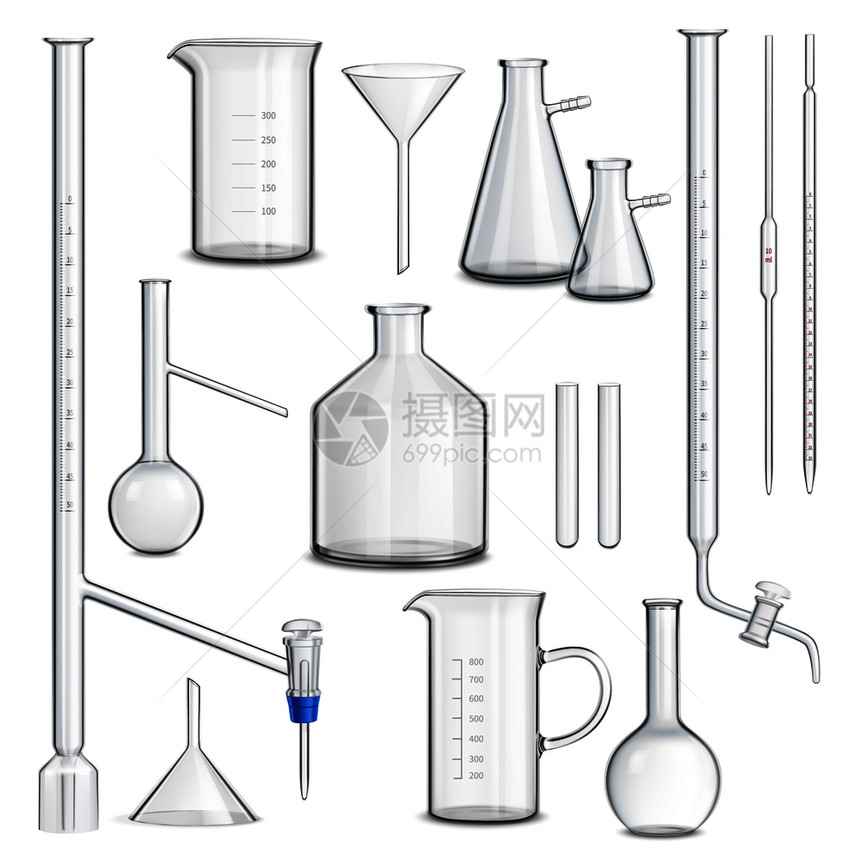 实验室璃器皿与科学测试符号现实孤立矢量插图实验室璃器皿套装图片