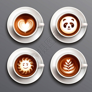 铁咖啡艺术写实与杯子茶托孤立矢量插图铁咖啡艺术套装图片