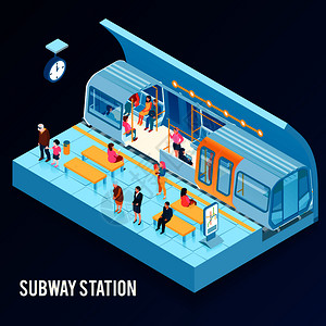 等距与地下地铁站人坐火车平台上的蓝色背景三维矢量插图等距地下图片