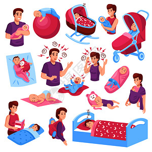 宝贝洗化用品熟睡的婴儿,蹒跚学步的孩子,婴儿车中的孩子,父母手臂,粉红色的蓝色图标,收集矢量插图熟睡的婴儿插画