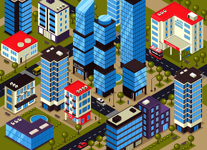 现代城市中心区等距特写与行政商业住宅设施矢量插图城市建筑等距海报插画