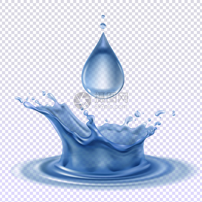 蓝色水滴飞溅的现实上的透明背景抽象矢量插图水滴飞溅图片