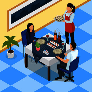 餐饮等距背景与夫妇餐厅的桌子,服务员与小吃托盘矢量插图餐饮等距背景图片