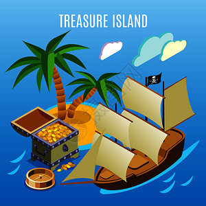 宝岛棕榈树,海盗帆船,黄金胸部,等距游戏背景矢量插图宝岛等距游戏背景图片