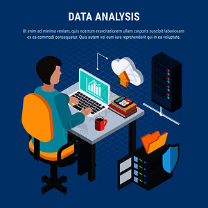 数据分析等距背景,男坐办公室,工作计算机与云存储矢量插图数据分析等距背景图片