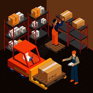 工业机器等距成与露的人类特征的工人动力加载机与包装矢量插图仓库的成中图片