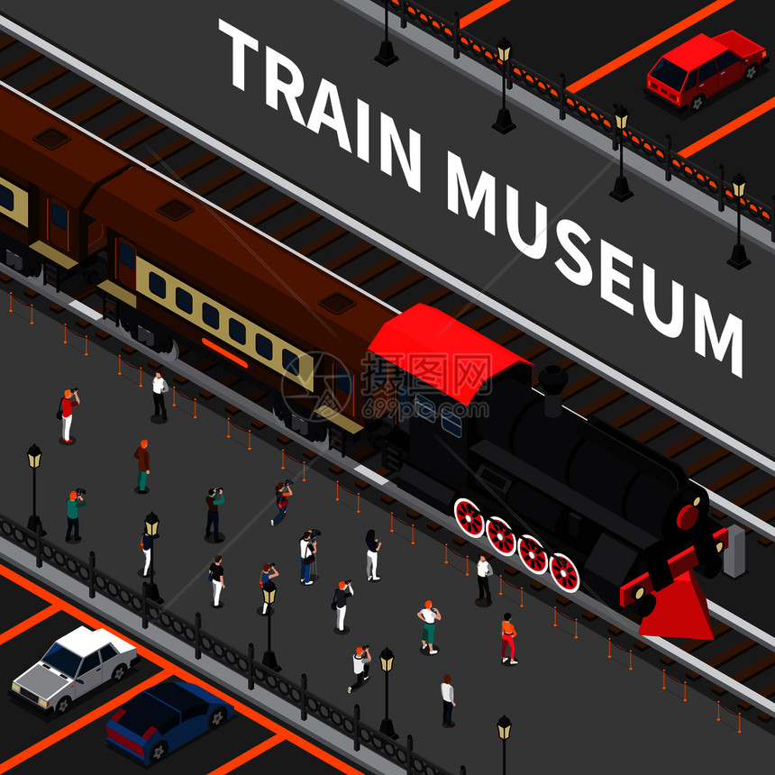 火车博物馆等距构图与黑色红色复古机车旧车厢,游客摄影矢量插图火车博物馆等距构图图片