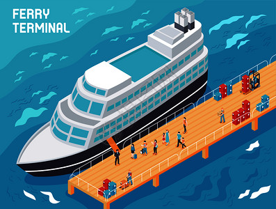 渡轮码头与现代船只,游客装载机与货物码头,等距矢量插图渡船码头等距插图背景图片