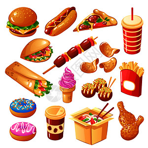 套图标快餐,包括饮料,三明治,条,糖果,炸土豆,鸡腿孤立矢量插图快餐图标图片