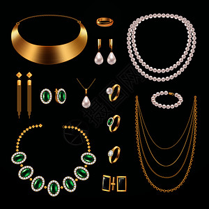 珠宝配件现实与戒指耳环黑色背景隔离矢量插图珠宝配件套装图片