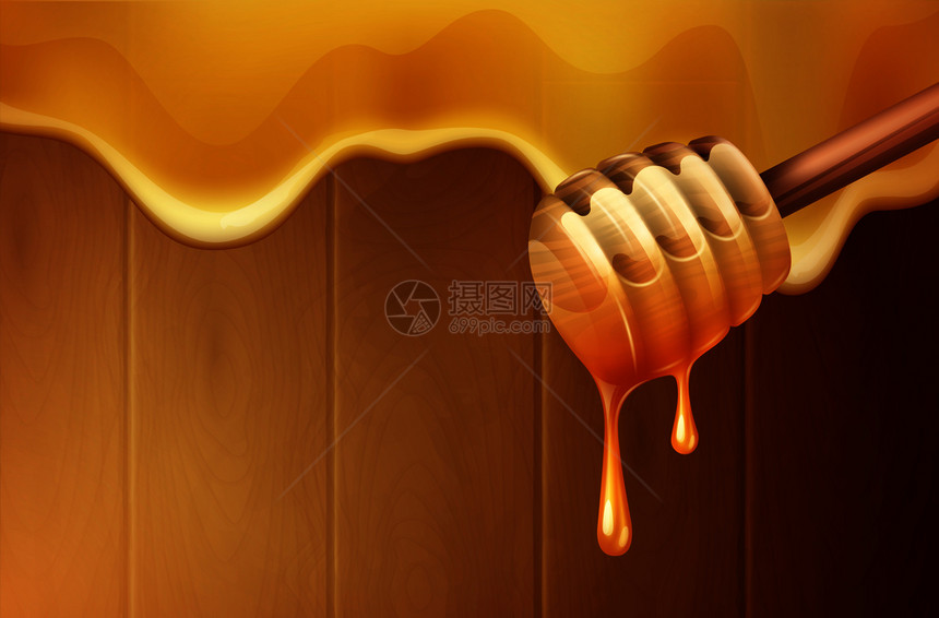 滴融化的蜂蜜滴背景与蜂蜜滴头现实矢量插图滴着融化的蜂蜜背景图片