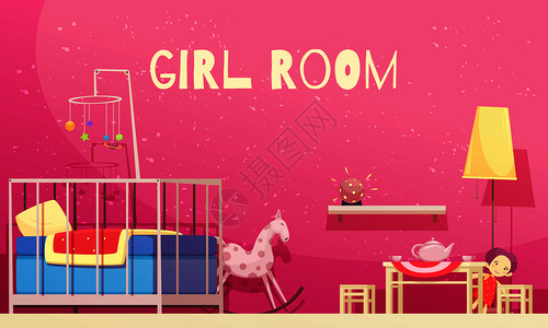 女孩的房间粉红色的墙壁,小床灯,桌椅,玩具,卡通矢量插图女孩房间卡通插图图片