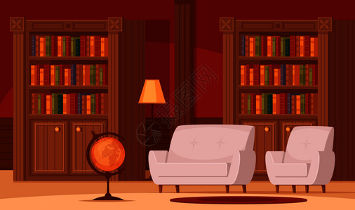 传统图书馆内部平正交构图与书架地球灯舒适沙发地毯矢量插图图书馆内部公寓背景图片
