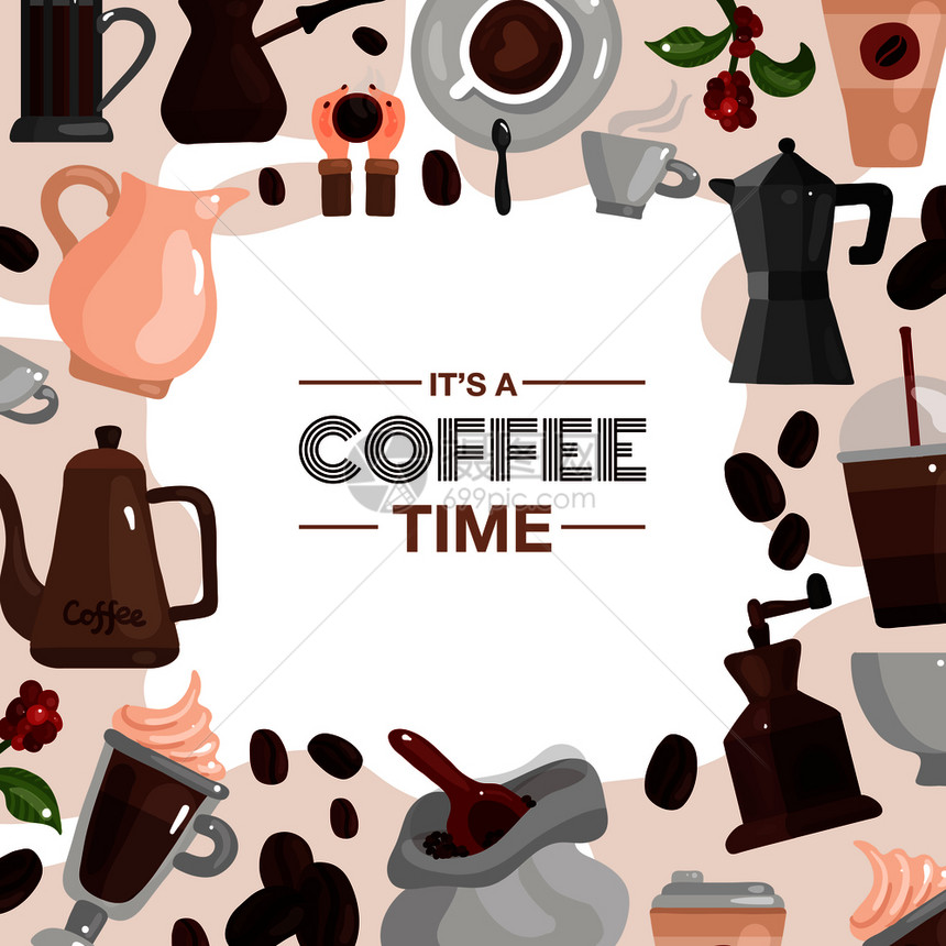 咖啡时间装饰框架由咖啡壶咖啡磨床平矢量插图成咖啡时间装饰框架图片