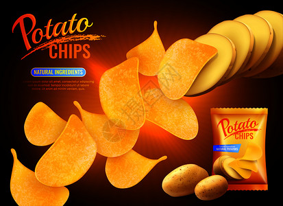 袋装食物薯片广告构图与现实图像的薯片,天然土豆包装与文本矢量插图拍摄薯片广告背景插画
