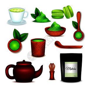 日本抹茶绿粉写实图标茶道杯铁搅拌甜点孤立矢量插图抹茶茶写实套装图片