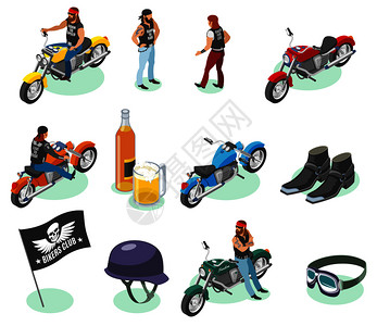 自行车等距图标收集人类人物图像摩托车,啤酒时尚项目矢量插图等距自行车图标背景图片