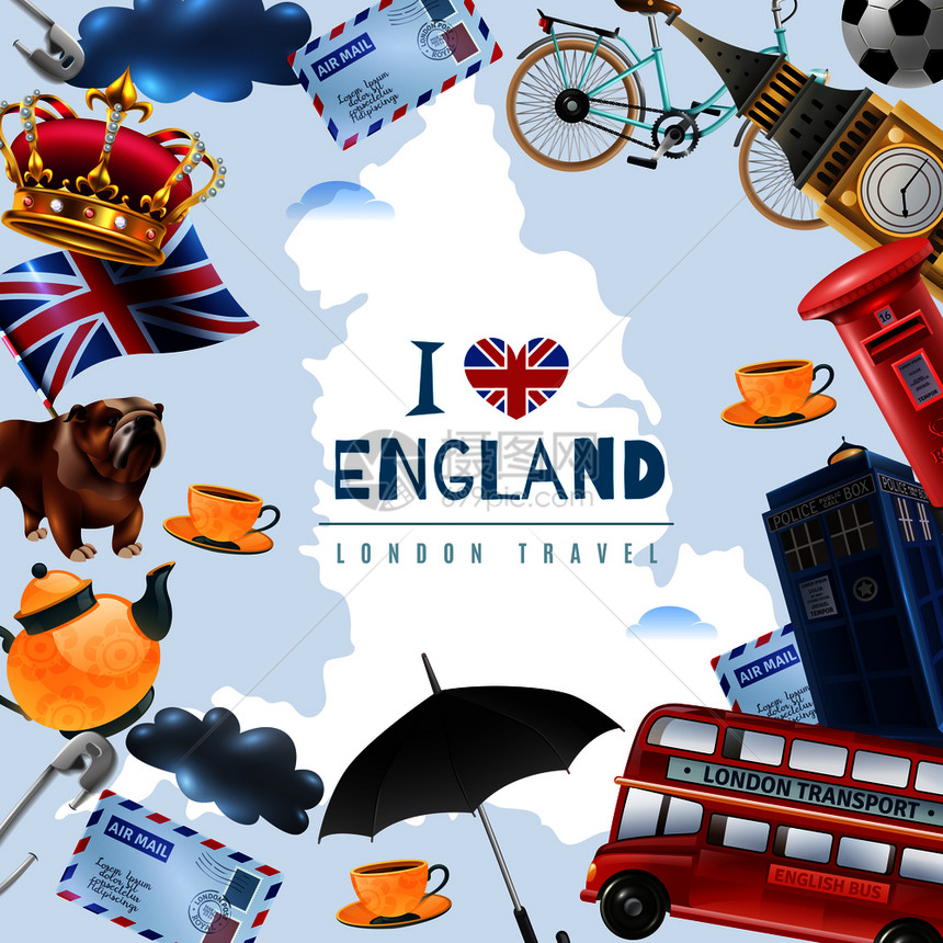 英国伦敦旅游框架背景与拼贴平图像与刻板印象项目可编辑文本矢量插图热爱英国旅游背景图片