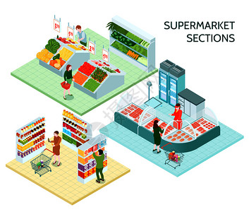 水果超市素材超市部分等距成与买家选择产品货架托盘柜台插图超市部分等距成插画