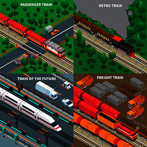 客运货运列车,现代复古运输,铁路道路基础设施,等距孤立矢量插图列车等距图片