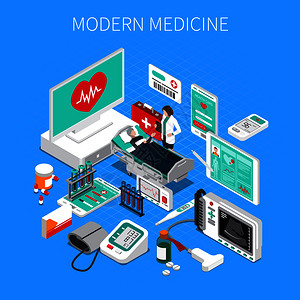 现代医学等距成蓝色背景与医生病人,医疗设备药物矢量插图现代医学等距成图片