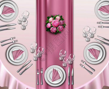 婚礼桌现实的背景与顶部的椭圆形桌子装饰玫瑰矢量插图婚礼桌摆好了图片