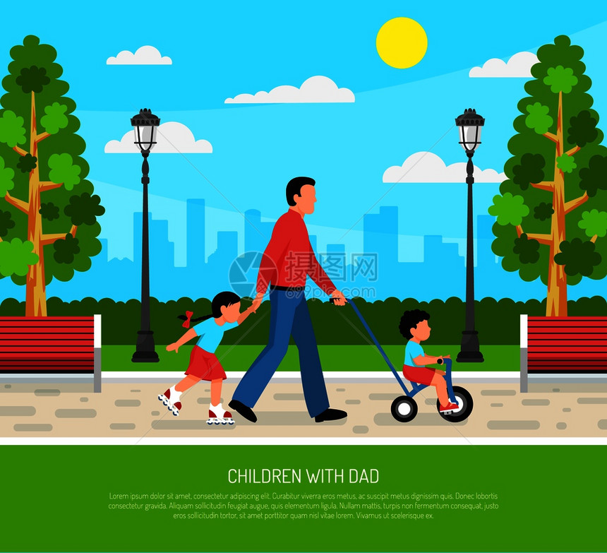 育儿家庭户外活动爸爸带着小孩子公园里散步,平海报,城市景观背景矢量插图爸爸孩子平海报图片