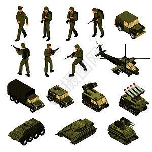 用车辆,士兵指挥官战术运输单位战斗实体与人类字符矢量插图队等距图标图片