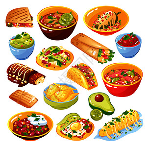 传统的墨西哥菜集与玉米饼玉米饼玉米片鳄梨萨尔萨白色背景矢量插图墨西哥食品套装背景图片