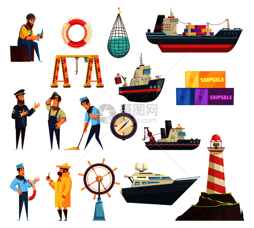 卡通集的水手,船长,船舶航海元素,包括舵,信标,渔网孤立矢量插图水手船只航海套图片