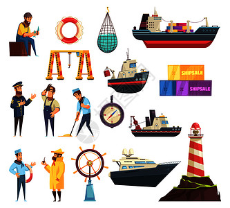 船舶海洋卡通集的水手,船长,船舶航海元素,包括舵,信标,渔网孤立矢量插图水手船只航海套插画