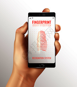 指纹识别手机手持智能手机与指纹识别系统屏幕上的真实矢量插图指纹识别智能手机插画