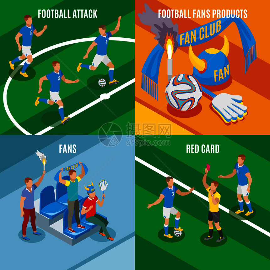 足球2x2集足球攻击红卡球迷产品等距构图矢量插图足球2x2等距图片