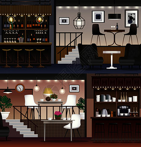 蒂凡尼灯咖啡厅餐厅咖啡厅酒吧内部现实横幅照明葡萄酒货架家具孤立矢量插图咖啡馆酒吧现实的横幅插画