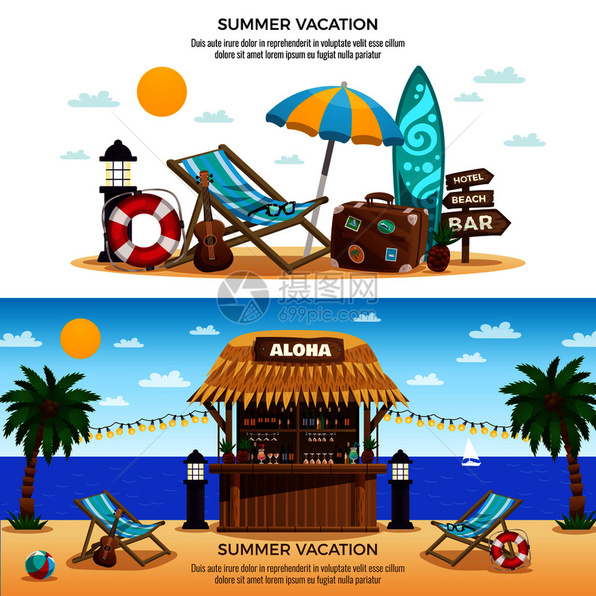 暑假水平横幅与热带平房酒吧套配件海滩假日矢量插图暑假横向横幅图片