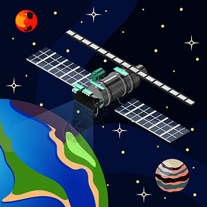 卫星气象气象卫星与气象设备,黑暗背景与地球,行星恒星,等距矢量插图天气卫星等距背景插画