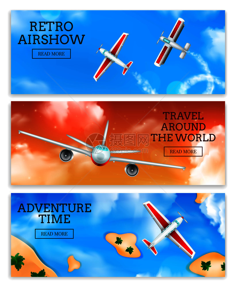 复古航展旅行社航空公司广告3现实水平横幅与飞行飞机孤立矢量插图飞机横幅很逼真图片