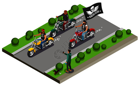 自行车运动员等距成与街道高速公路三辆摩托车与流旗的帮派矢量插图摩托车越野摩托车等距成背景图片