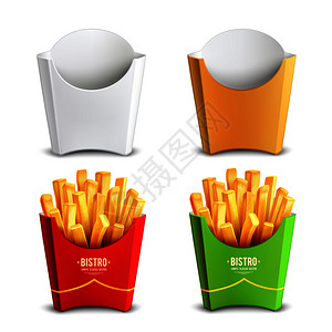 薯条包装五颜六色的套空的食物填充的纸盒薯条2x2的理念现实的矢量插图炸薯条2x2的理念插画