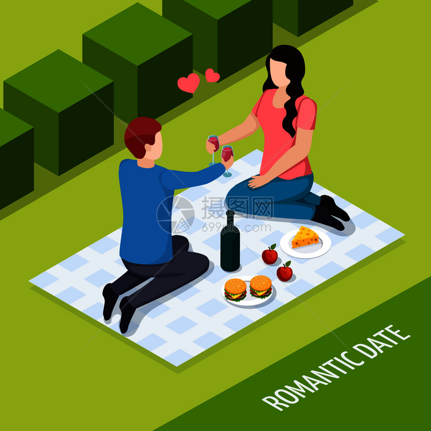 浪漫的约会户外,夫妇野餐期间吃等距构图绿色背景矢量插图浪漫约会户外等距构图图片