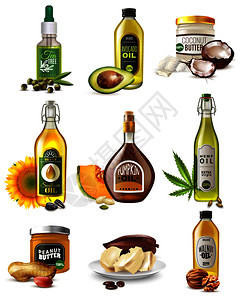 菜籽植物油套真实的植物油种子,坚果水果瓶子罐子中分离的矢量插图逼真的植物油套装插画