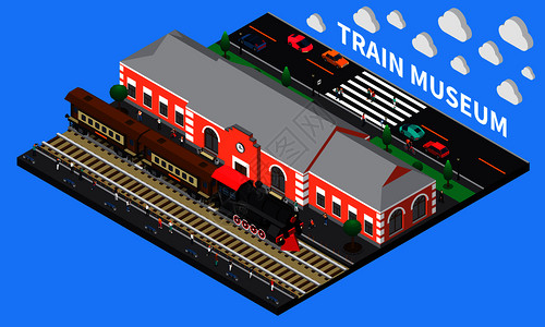 火车博物馆等距成与内燃机车砖站建筑复古风格矢量插图火车博物馆等距构图插画