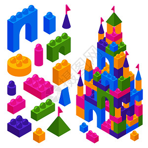 儿童玩具建设者等距广告构图与彩色积木城堡塑料砖矢量插图玩具构造函数等距块插画