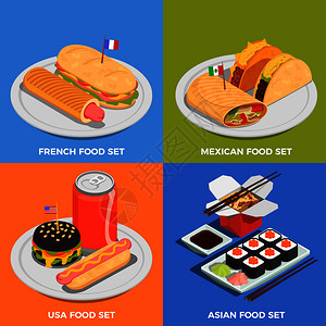 街道食品图标法国亚洲食品符号等距孤立矢量插图街头食品图标图片