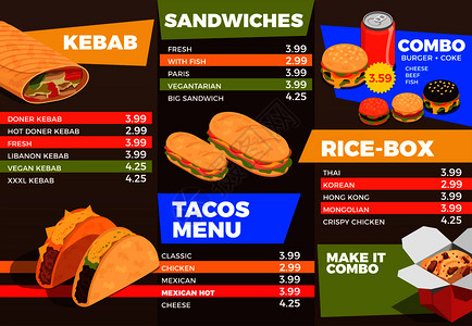街头食品菜单成与三明治快餐符号等距矢量插图街头食品菜单成图片