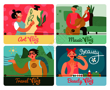 视频博客4彩色趣的图标与旅游艺术,美丽,音乐流行作者矢量插图视频博客图片