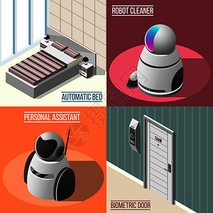 酒店机器人机器人化酒店2x2集生物特征门自动床机器人清洁剂个人助理等距图标矢量插图机器人酒店2x2插画