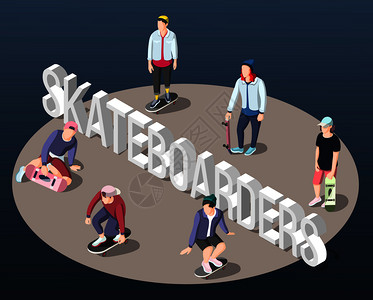 滑板等距背景与青少滑板上站圆圈矢量插图的周长滑板运动员等距背景背景图片