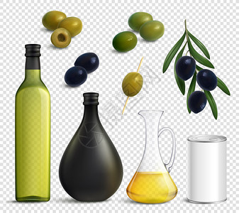 橄榄绿色套真实的橄榄油罐子,包装的产品隔离透明的背景矢量插图逼真的橄榄油透明套装插画