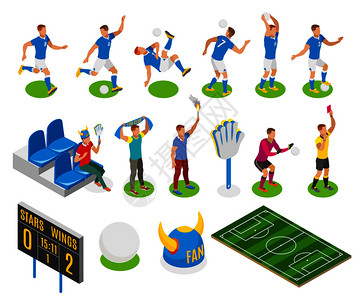 足球裁判员足球等距图标集球迷,游戏者,裁判人物板与得分的比赛矢量插图足球等距图标插画